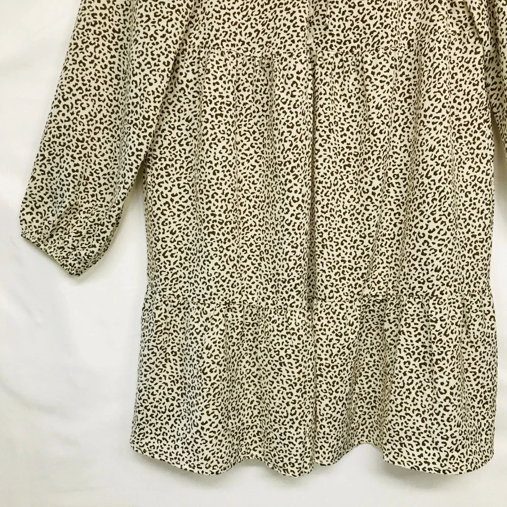 Temofon Womens‎ Sz M Leopard Print Tiered Mini Dress Brown Tan Long Sleeve Rayon